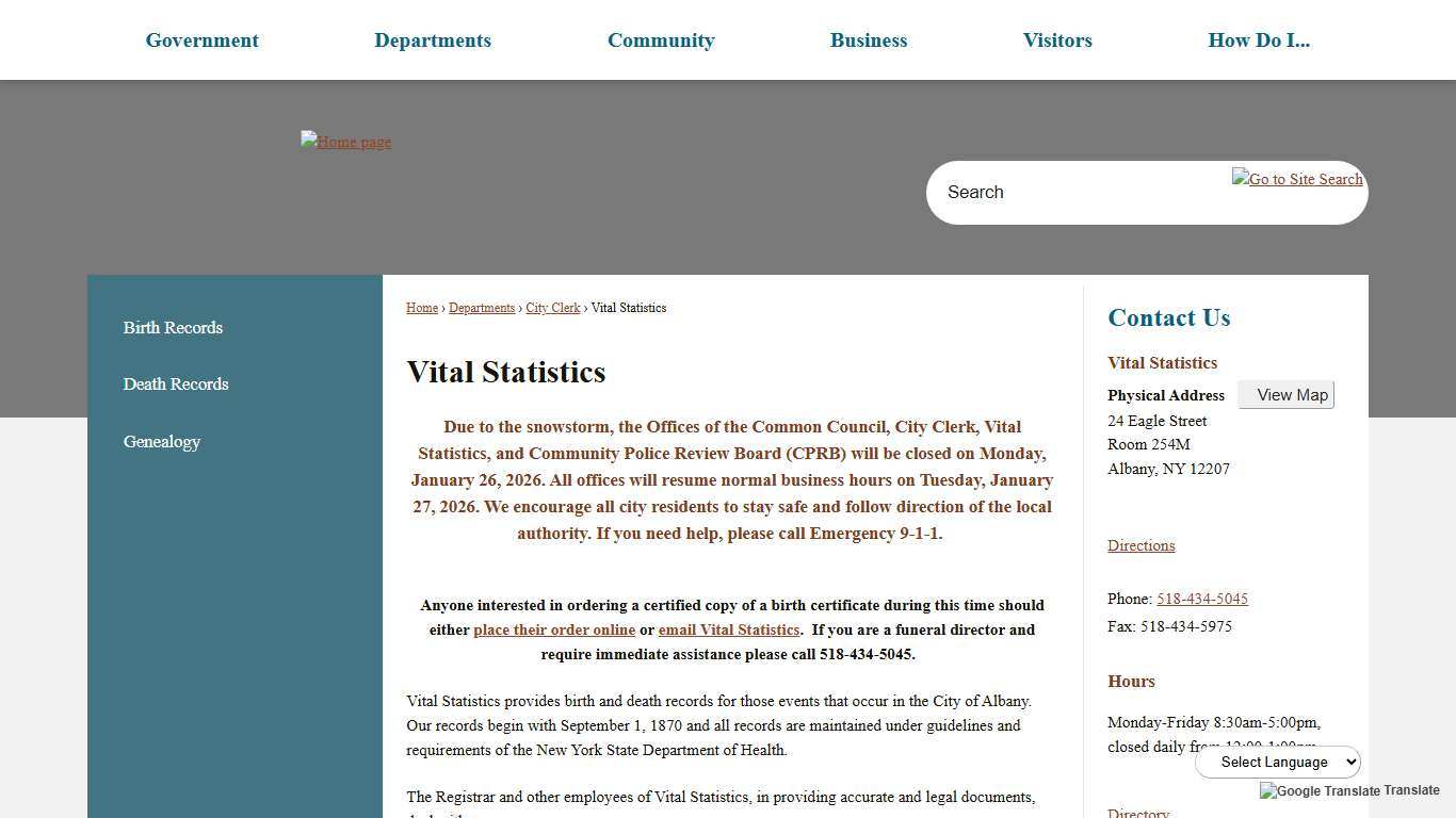 Vital Statistics Albany, NY